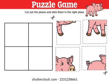 Vector educational kids puzzle game to cut and stick pieces with cartoon pig character