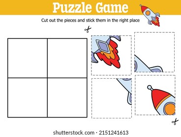 Puzzle-Spiel für Kinder mit Vektorgrafik, um Stücke mit Cartoon-Raketencharakter zu schneiden und zu kleben