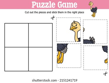 Puzzle-Spiel für Kinder mit Vektorgrafik und Streichholz mit Straußencharakter