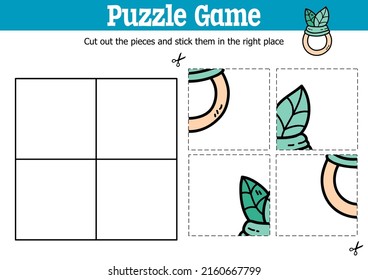 Vector educational kids puzzle game to cut and stick pieces with doodle leaf rattle