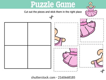 Vector educational kids puzzle game to cut and stick pieces with doodle  ballet tutu
