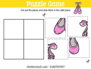 Niños educadores vectores puzzle juego para cortar y pegar piezas con zapatos de doodle ballet