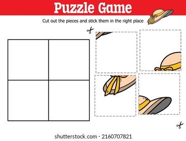 Vector educational kids puzzle game to cut and stick pieces with doodle summer hat