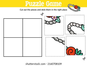 Vector Educational Kids Puzzle Game To Cut And Stick Pieces With Doodle Floral Headband