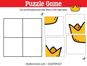 Vector educational kids puzzle game to cut and stick pieces with doodle crown