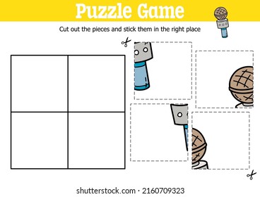 Vector educational kids puzzle game to cut and stick pieces with doodle microphone