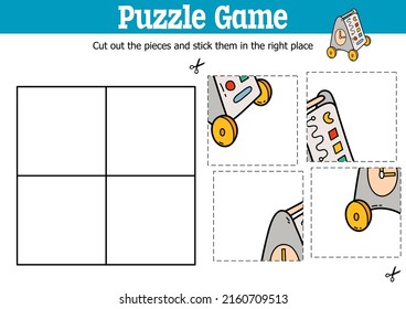 Niños educadores vectores puzzle juego para cortar y pegar piezas con tablero ocupado de garabatos