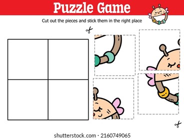 Vector educational kids puzzle game to cut and stick pieces with doodle  butterfly rattle