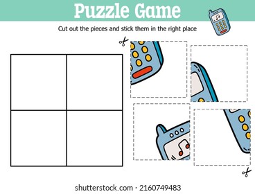 Vector educational kids puzzle game to cut and stick pieces with doodle mobile phone 