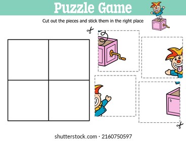 Vector educational kids puzzle game to cut and stick pieces with doodle  Jack in the  box
