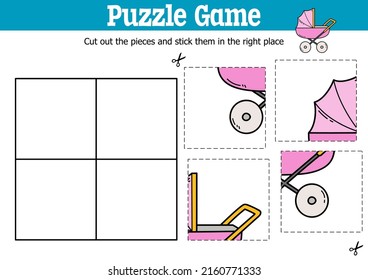 Puzzle-Spiel für Kinder mit Vektorgrafik zum Schneiden und Streichen von Stücken mit Doodle-Kinderwagen