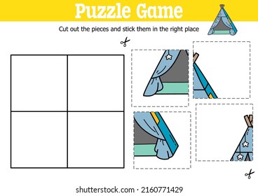 Vector educational kids puzzle game to cut and stick pieces with doodle tepee