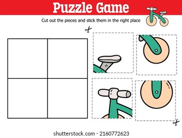 Niños educadores vectores puzzle juego para cortar y pegar piezas con bici en marcha de doodle 