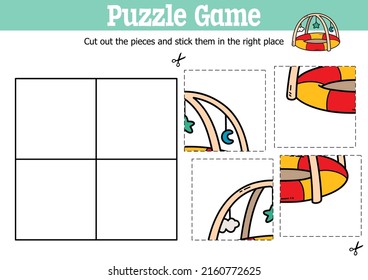 Vector educational kids puzzle game to cut and stick pieces with doodle development mat
