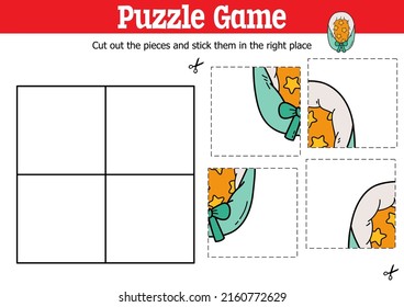 Vector educational kids puzzle game to cut and stick pieces with doodle carrier