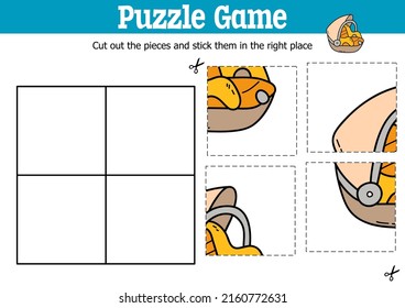 Vector educational kids puzzle game to cut and stick pieces with doodle car cradle