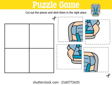 Vector educational kids puzzle game to cut and stick pieces with doodle car seat