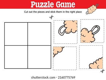 Vector educational kids puzzle game to cut and stick pieces with doodle washcloth 