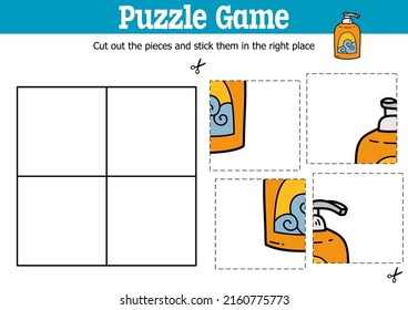 Vector educational kids puzzle game to cut and stick pieces with doodle liquid soap