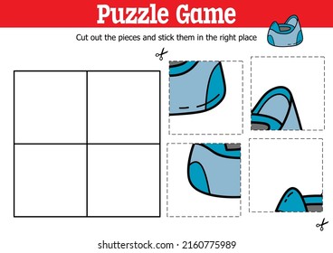 Vector educational kids puzzle game to cut and stick pieces with doodle potty 