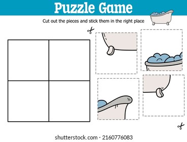 Vector educational kids puzzle game to cut and stick pieces with doodle  bath