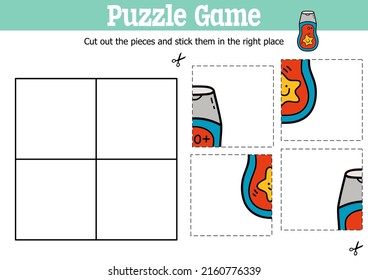 Vector educational kids puzzle game to cut and stick pieces with doodle shampoo