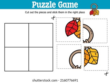 Vector educational kids puzzle game to cut and stick pieces with doodle  leaves rattle 