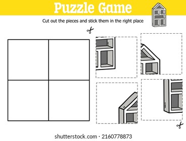 Niños educadores vectores puzzle juego para cortar y pegar piezas con casa de doodle escandinavo