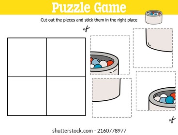 Vector educational kids puzzle game to cut and stick pieces with doodle ball pool