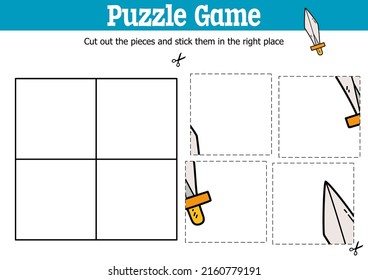 Vector educational kids puzzle game to cut and stick pieces with doodle wooden sword 