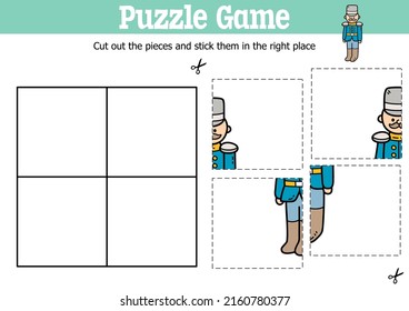 Niños educadores vectores puzzle juego para cortar y pegar piezas con soldado de garabatos