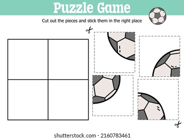 Juguete de rompecabezas de niños educacionales vectores para cortar y pegar piezas con la pelota de fútbol de doodle