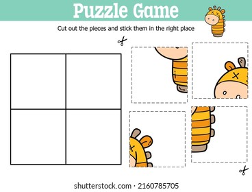 Vector educational kids puzzle game to cut and stick pieces with doodle socks toy