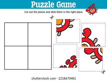 Puzzle-Spiel für Kinder mit Vektorgrafik zum Schneiden und Streichen von Stücken mit Doodle-Krabbe-Rattle