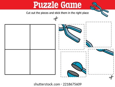 Vector educational kids puzzle game to cut and stick pieces with doodle Snowball Thrower 