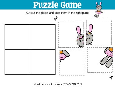 Niños educadores vectores puzzle juego para cortar y pegar piezas con conejo de garrapatas 