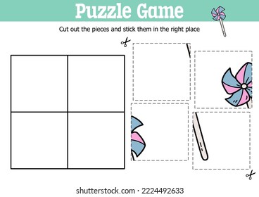Vector educational kids puzzle game to cut and stick pieces with doodle windmill