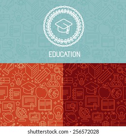 Vector educational logo design and seamless patterns in trendy mono line style