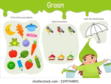 Material educativo vectorial para niños. Estudio de color verde de hoja de cálculo. Ilustración de caricatura de una linda muchacha con ropa verde con un cepillo en la mano.
