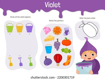 Material educativo vectorial para niños. Color violeta del estudio de la hoja de cálculo. Ilustración de caricatura de un chico lindo con ropa violeta.
