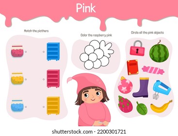 Material educativo vectorial para niños. Color rosado de estudio de hoja de cálculo. Ilustración de caricatura de una linda muchacha con ropa rosa.
