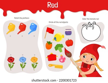 Material educativo vectorial para niños. El color rojo se estudia en la hoja de cálculo. Ilustración de caricatura de una linda muchacha con ropa roja y un cepillo en la mano.
