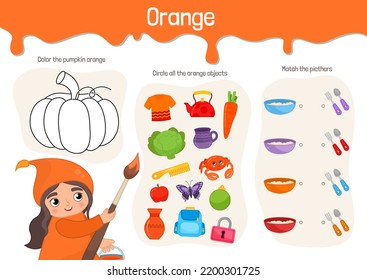 Material educativo vectorial para niños. En la hoja de trabajo se estudia el color naranja. Ilustración de caricatura de una linda muchacha con ropa naranja con un cepillo en la mano.
