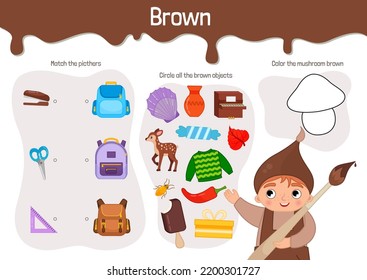 Vector educational material for children. Worksheet study brown color. Cartoon illustration of a cute boy in brown clothes.
