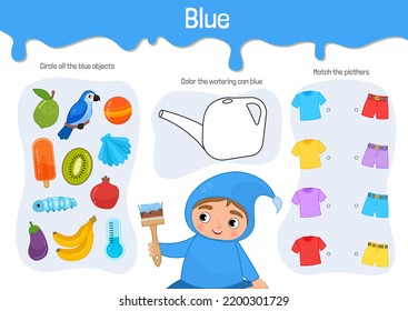 Material educativo vectorial para niños. Estudio de hoja de trabajo de color azul. Ilustración de caricatura de un chico lindo con ropa azul.
