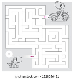 Vector educational maze game with dinosaur in the car. Cute cartoon dino looking for a friend.