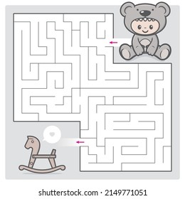 Vector educational maze game with little baby in a teddy bear costume. Cute baby. Isolated on white background.