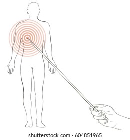 Vector educational poster with human body. Hand holding a pointing stick.