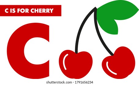Vector educational puzzle game card for children's alphabet books red cherry letter C for print at home to playing with preschool child on white background