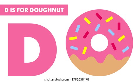 Vector educational puzzle game card for children's alphabet books yummy pink doughnut letter D for print at home to playing with preschool child on white background
